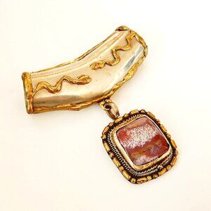 Vintage Jasper Agate Brutalist Snakes Brass Enhancer Tribal Boho Necklace Bail